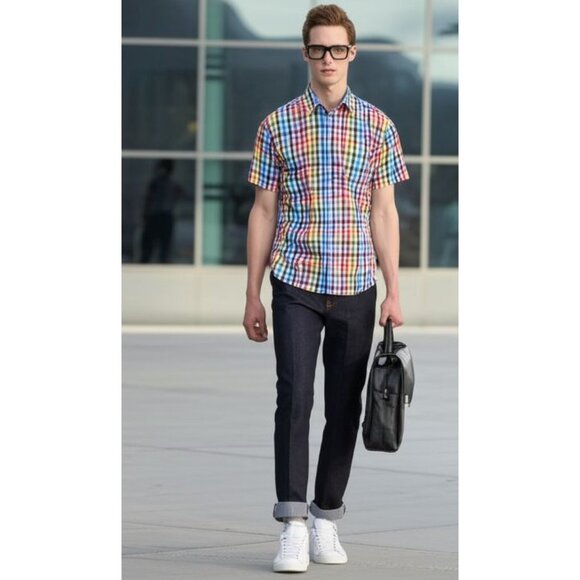 Paul & Shark Yachting Multicolor Gingham Short Sleeve Shirt Men's XL - Picture 1 of 8